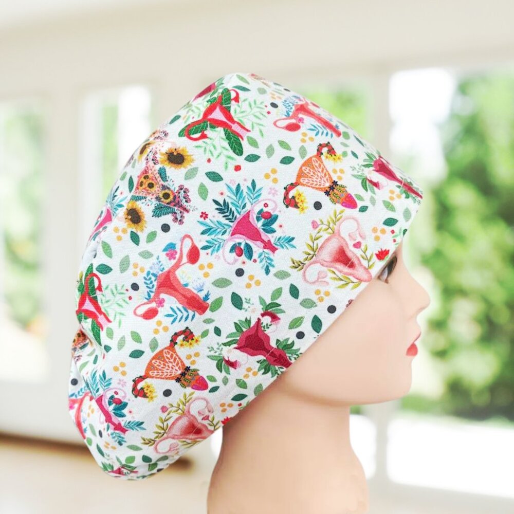 PREMIUM Fabric Wombs a Bloom Euro Scrub Cap~ L&D, RN, Obgyn, CNA, Gift.